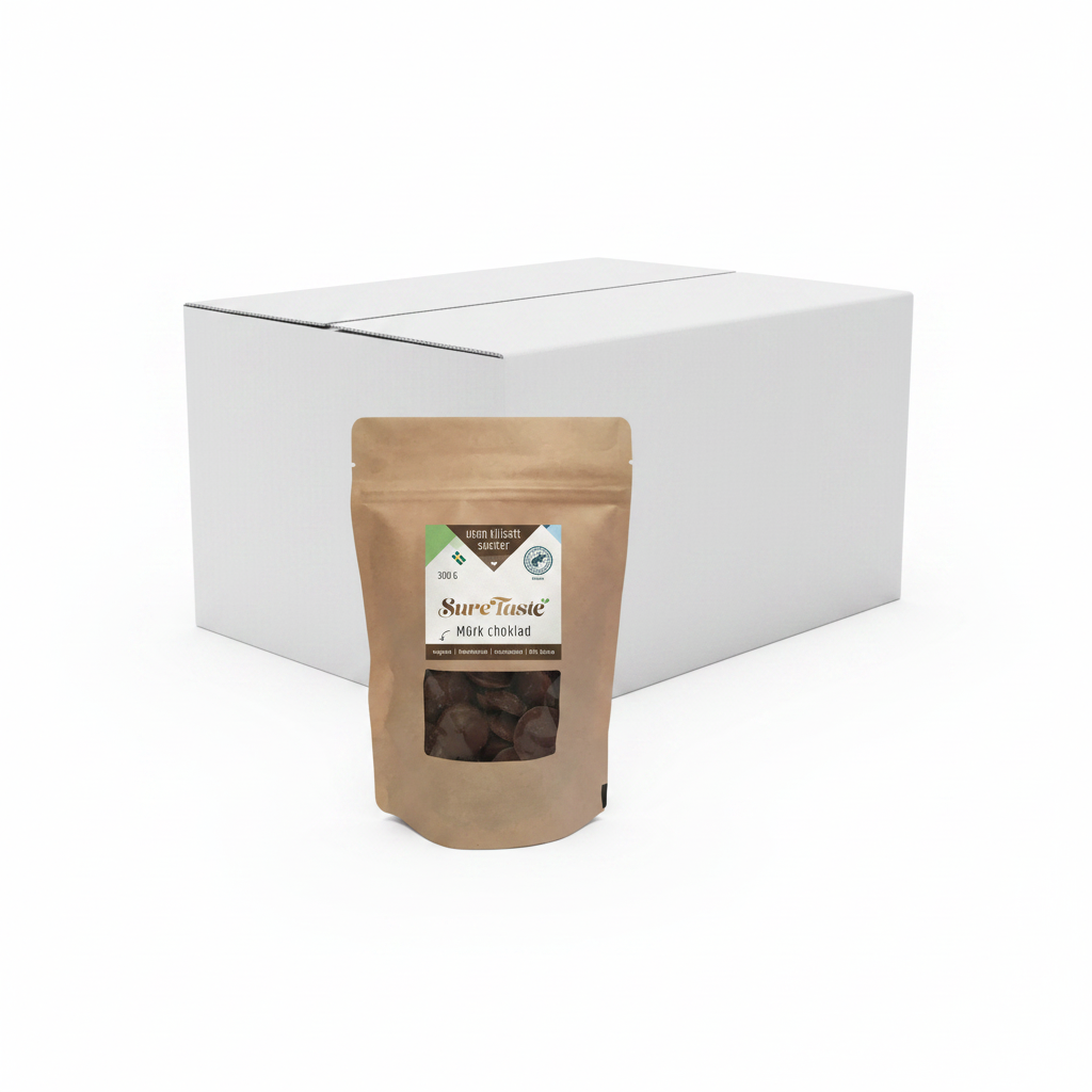 Kartong och chokladpellets vit bakgrund